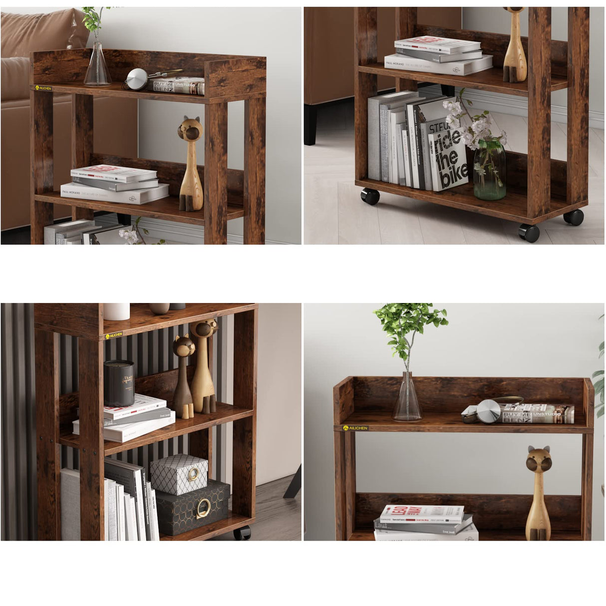 ALISENED 3 Tier Nightstand with Wheels, Wood Small Bookshelf and Bookcase, Farmhouse Bedside End Table with Storage Rack for Bedroom, Library, Living Room, Home, Office Cart, Rustic ALISENED