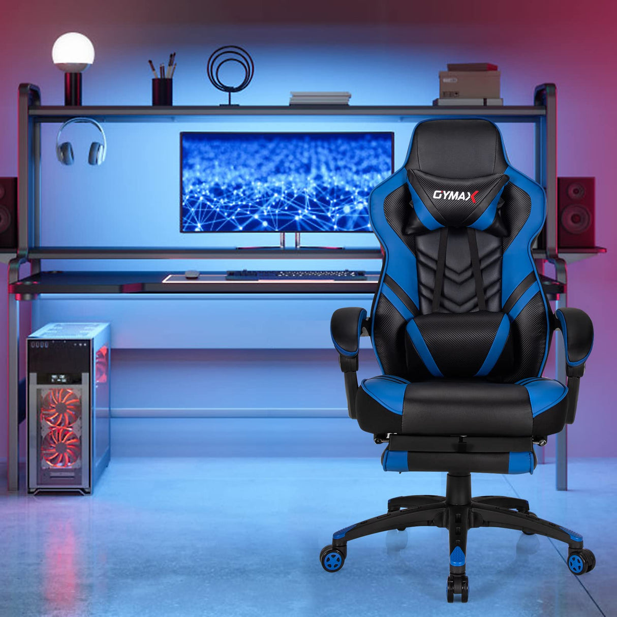 Blue Gaming Chair Ergonomic Computer Chair for Adults Teens Reclining Gamer Chair High Back Game Chair Racing Style Desk Chair with Retractable Footrest, Lumbar Support and Headrest TOMANOR