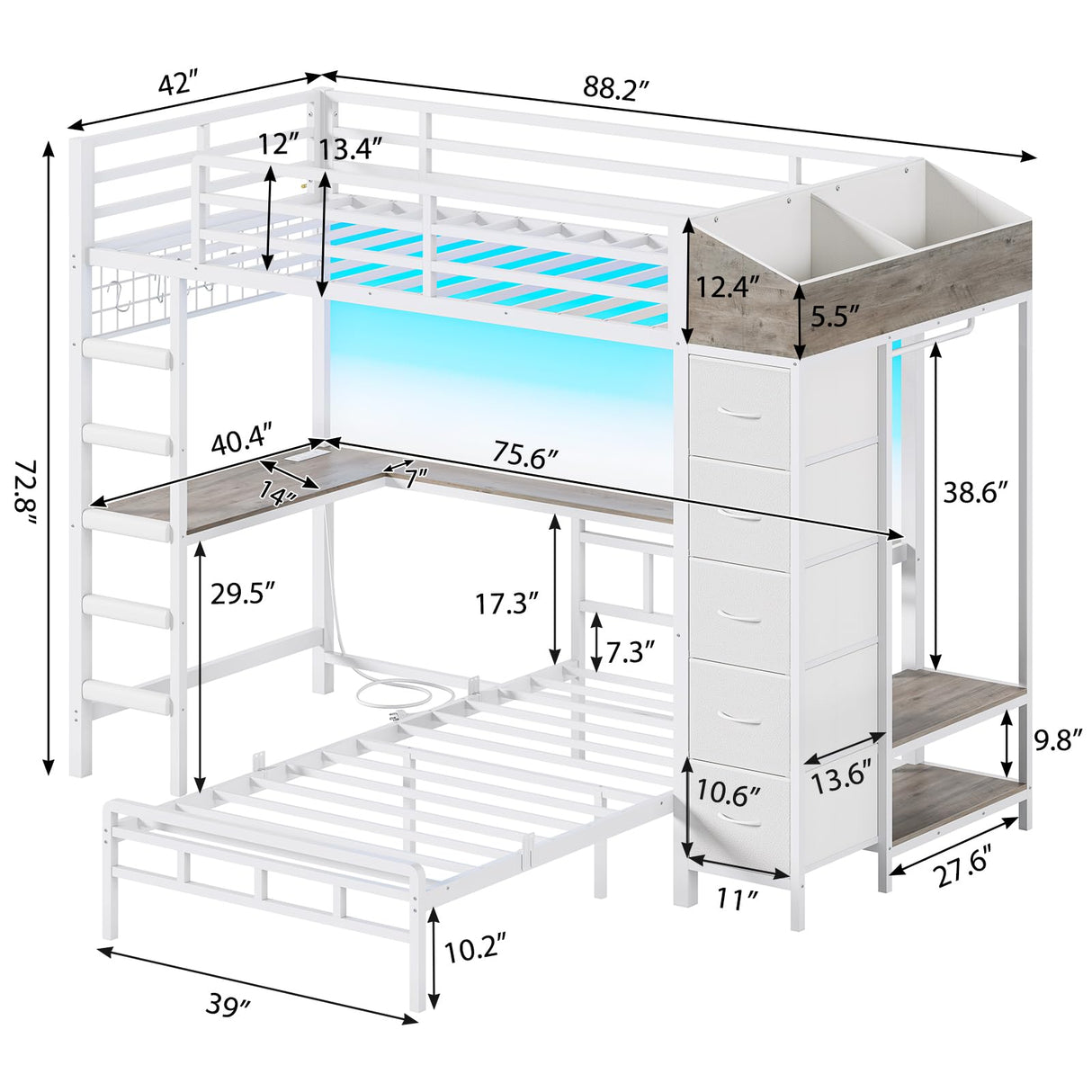 VIAGDO Bunk Bed Twin Over Twin with Hall Tree, Charging Station and LED Lights, L-Shaped Bunk Bed with Desk, 5 Storage Drawers, Twin Bunk Beds with Guardrail & Stairs, No Box Spring Needed, White VIAGDO