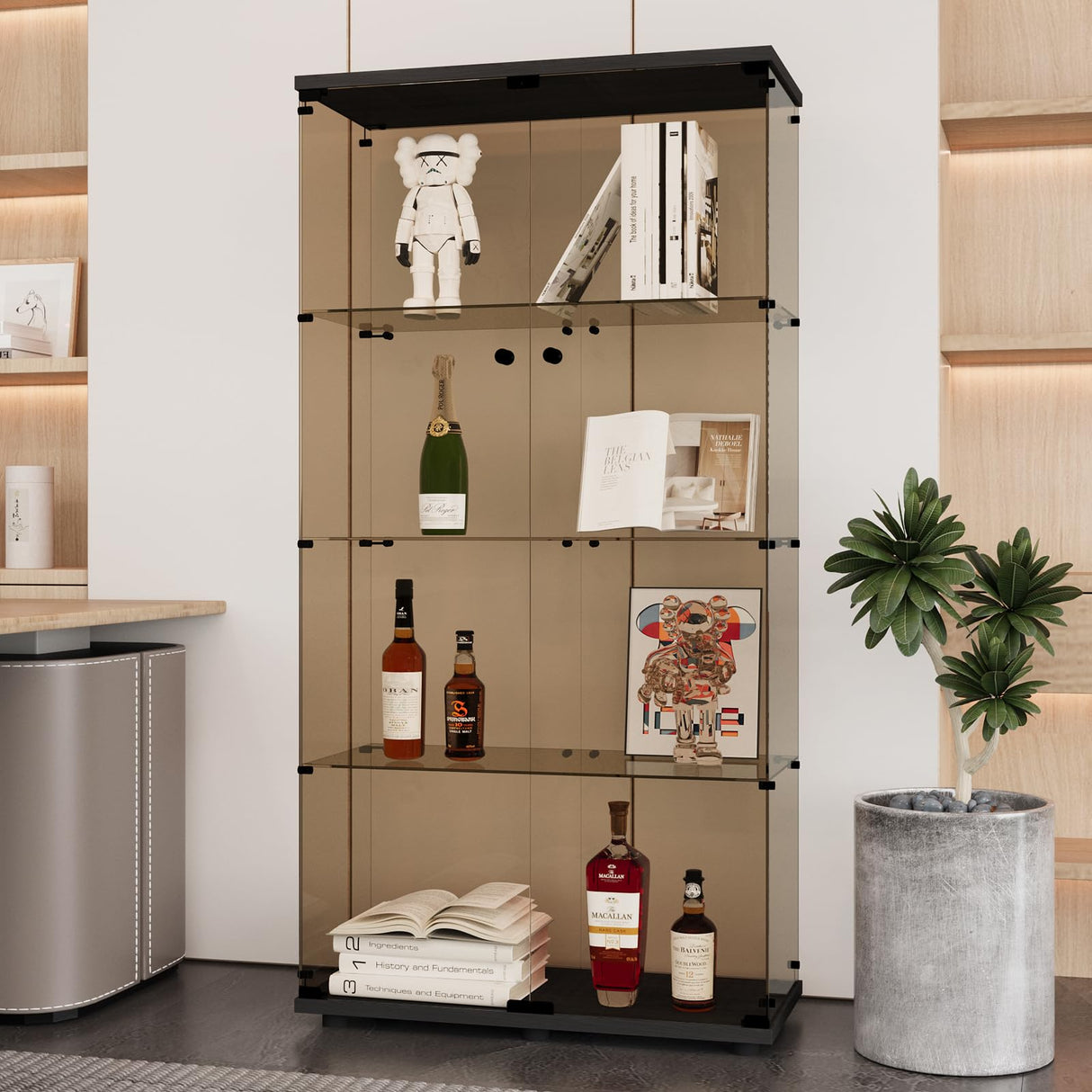 Beauty4U Glass Display Cabinet with 4 Shelves, 2 Doors Curio Cabinets for Living Room, Bedroom, Office, 5mm Brown Tempered Glass Floor Standing Bookshelf, Quick Installation Beauty4U