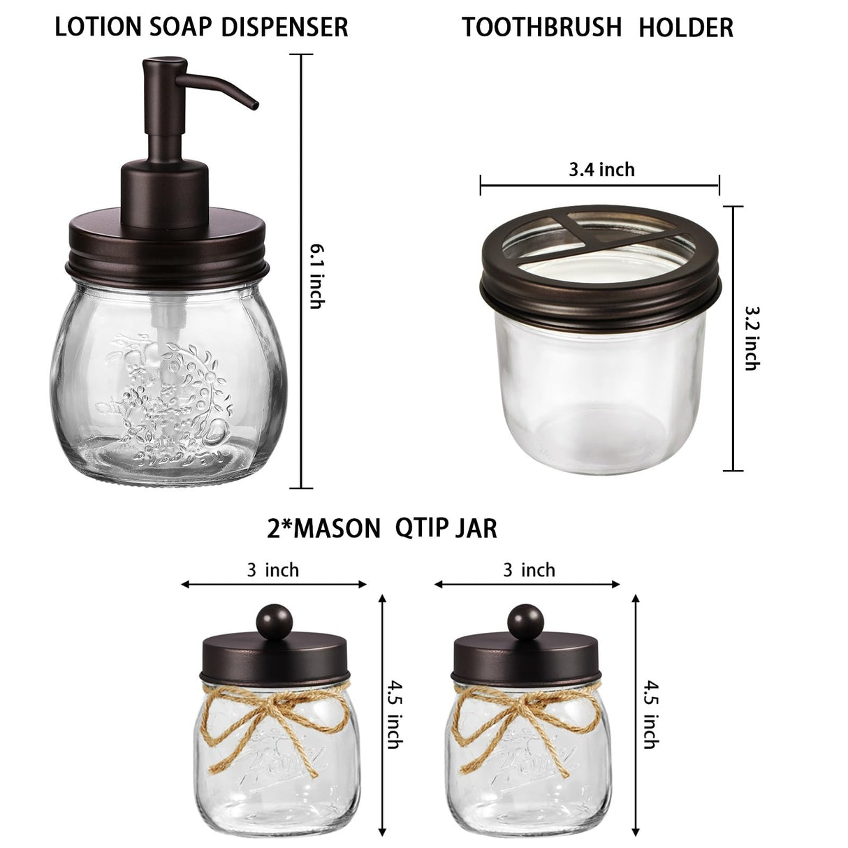 Amolliar Mason Jar Bathroom Accessories Set 4 Pcs -Lotion Soap Dispenser & 2 Qtip Holders & Toothbrush Holder - Rustic Farmhouse Decor, Bathroom Home Decor (Bronze) Amolliar