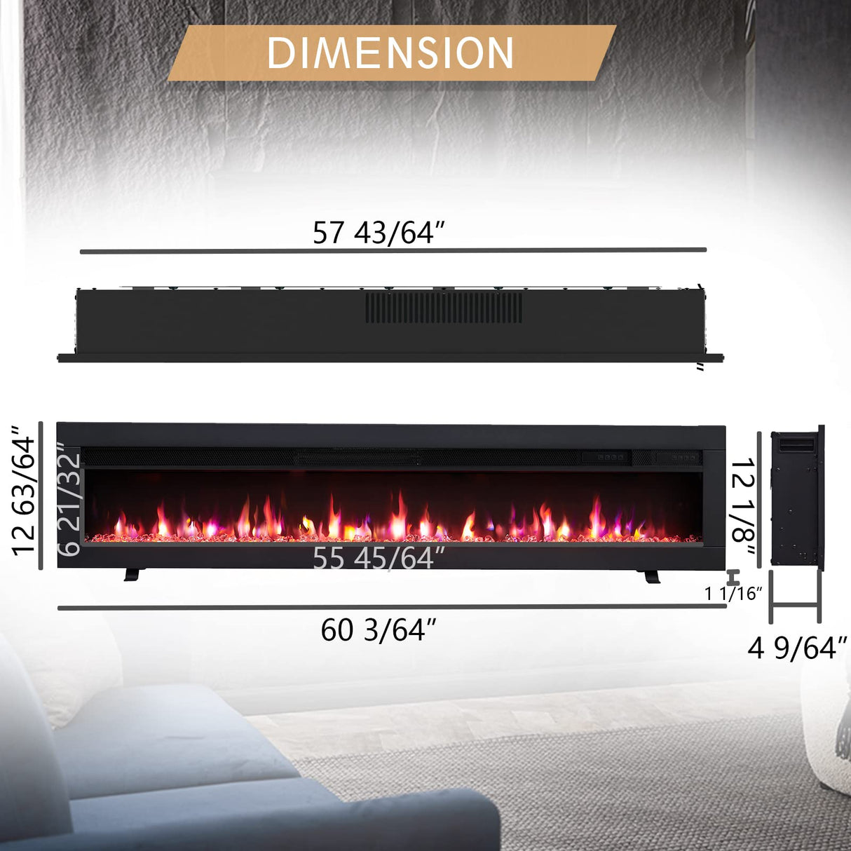 Efiretric® Arthur 60" W 3 in 1 Electric Fireplace (EF459), Freestanding, Wall Mounted, Recessed, 9 Colors Flame Effect, TV Media Wall, Heater 750W/1500W, Remote Control EFIRETRIC