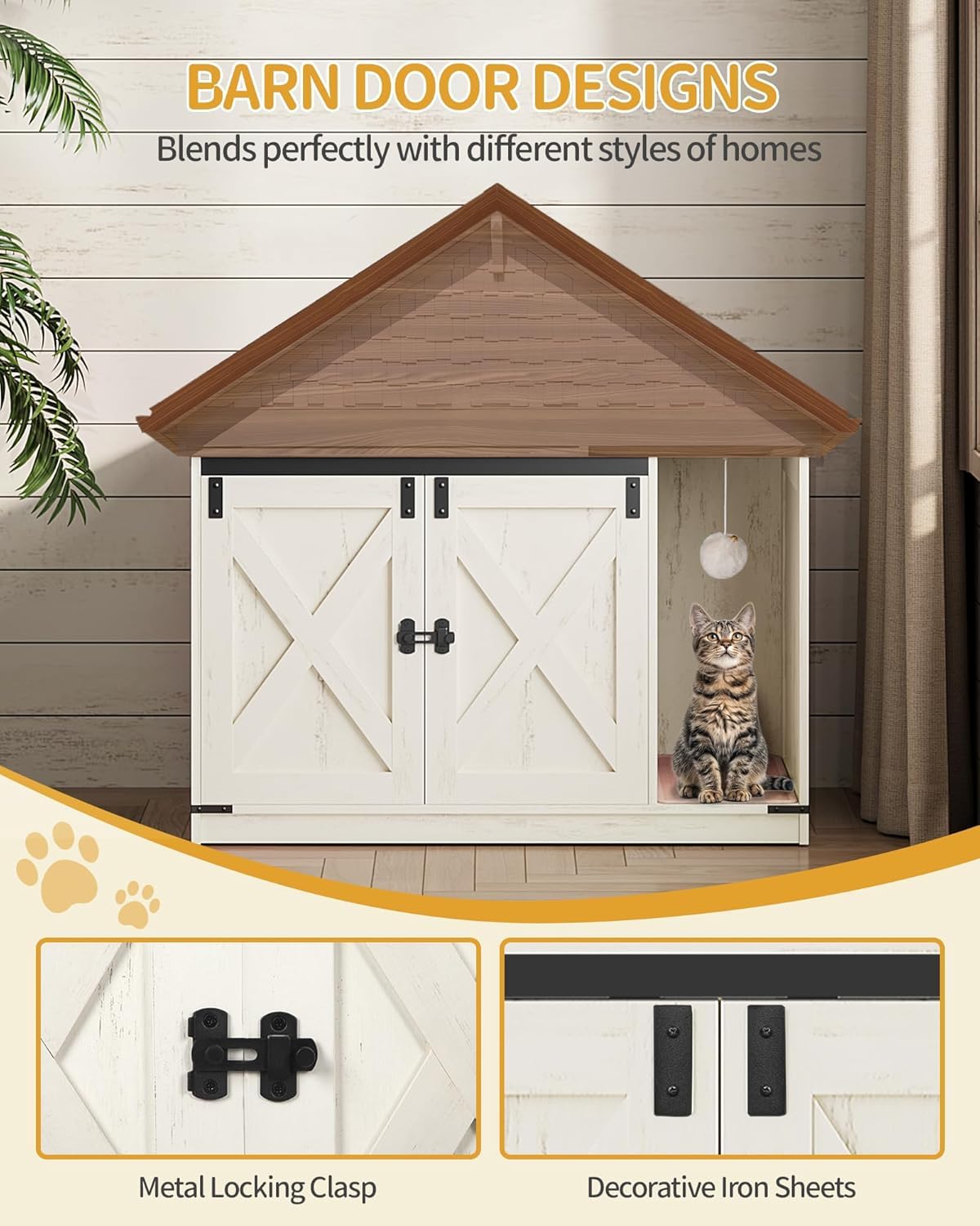 Hzuaneri Cat Litter Box Enclosure, Hidden Litter Box Cabinet Furniture with Bell, Indoor Cats House, Farmhouse Style, 39.4 x 21.7X 24.8 Inches for Hallway, Bedroom, Rustic Brown and White CB85214X Hzuaneri