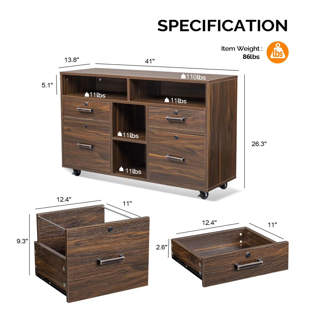 VINGLI Wide 4 Drawer File Cabinet with Lock, Wood Lateral File Cabinet with Open Shelves, Lockable Rolling File Cabinets for Home Office, Dark Brown File Cabinet Printer Stand, Letter Sized VINGLI