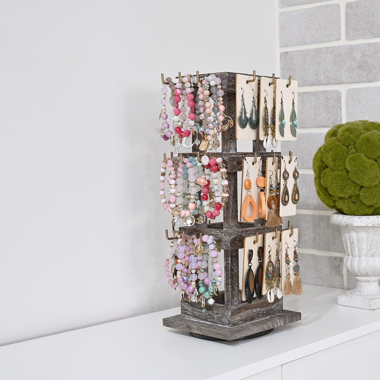 Ikee Design Wood Rotating Jewelry Display Stand Tower,Spinning Keychain Display Stand,36 Hooks Spinning Necklace, Bracelet, Earring Rack for Vendor, Coffee Color Ikee Design