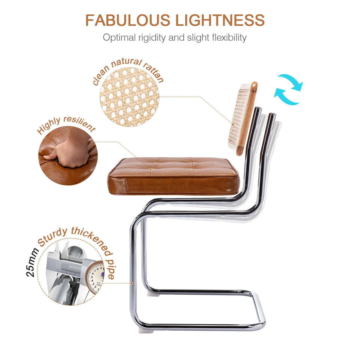 Zesthouse Mid-Century Modern Dining Chairs, Upholstered Tufted Faux Leather Accent Chairs Rattan Dining Chairs Set of 2, Armless Mesh Back Cane Chairs with Metal Chrome Legs, Brown Zesthouse