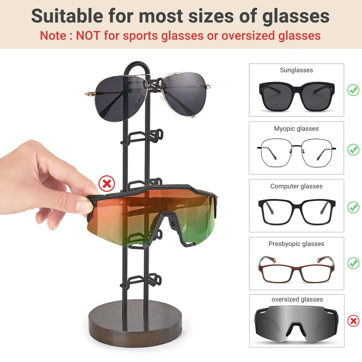 Mkono Sunglasses Organizer Glasses Holder Stand Sunglass Storage Eyeglasses Rack Metal Frame with Wood Base for 5 Pairs of Eyewear Display for Table Desk Countertop Dresser Bedroom, Set of 1, Black Mkono