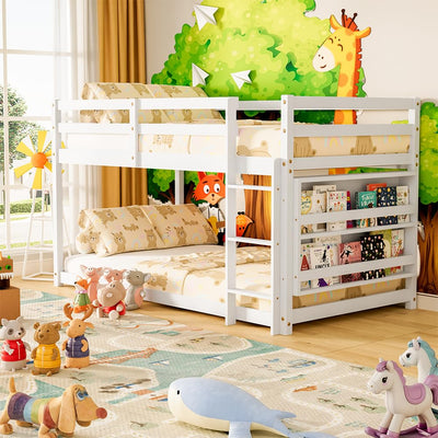 TOLEAD Low Bunk Bed Twin Over Twin, Floor Bunk Bed with Bookshelf&Ladder, Twin Bunk Bed with Full Guardrails, Wooden Bunk Bed for Juniors, Boys, Girls, Kids, Bedrooms (White)