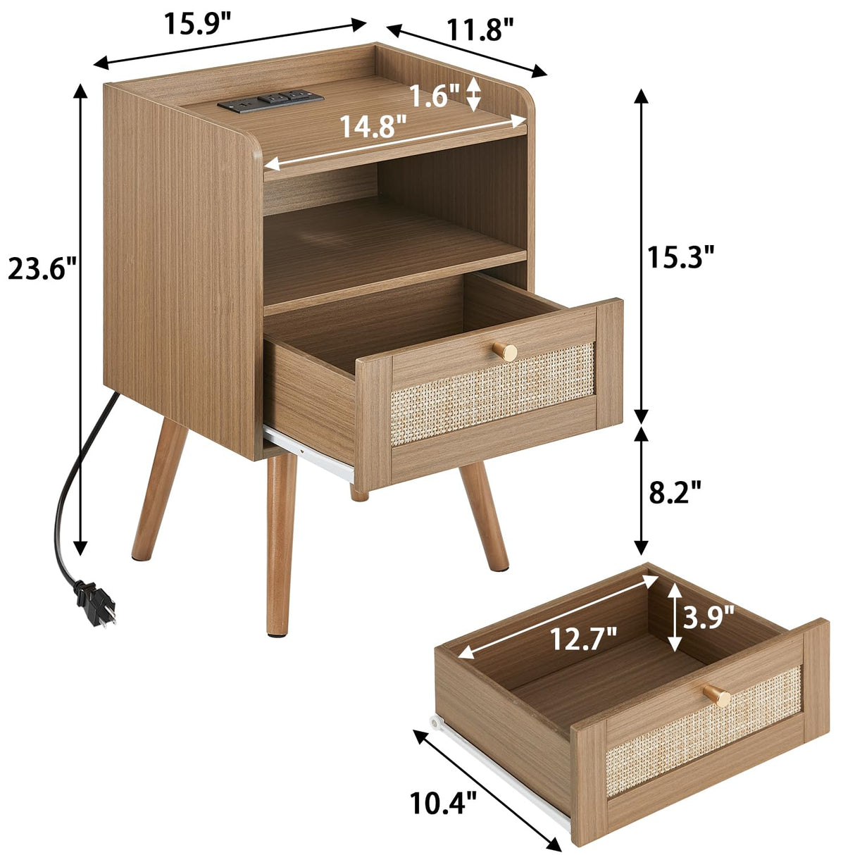 Night stand Set of 2, Bedside Tables with Charging Station, Rattan End Tables, Bed Side Tables, Wood Nightstands set of 2 for Farmhouse Kids' Room Bedroom Living Room Dorm Sofa Office Corner(Brown) MECHYIN