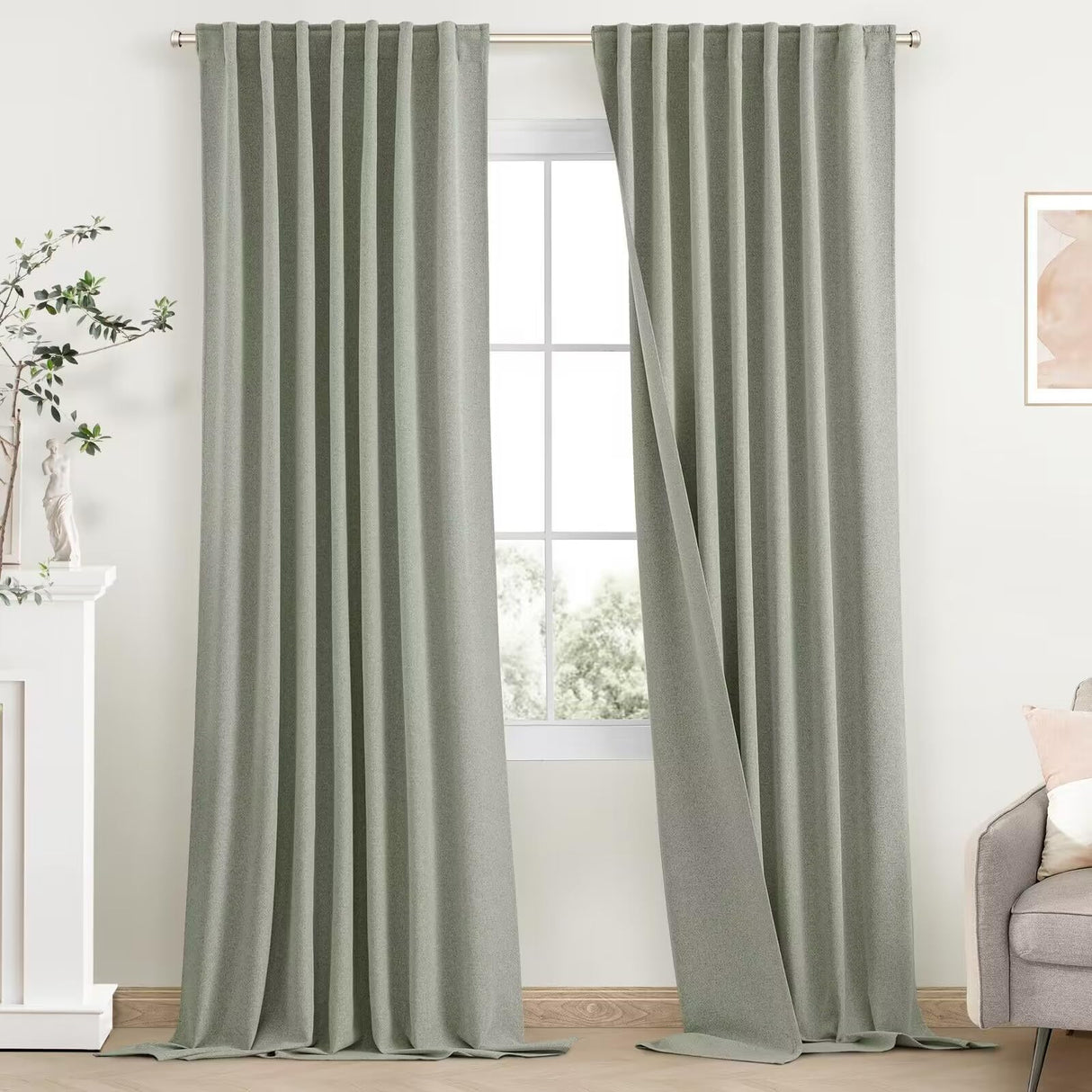 SimpleHome Sage Green Linen 100% Blackout Curtains for Living Room,84 Inch Length Farmhouse Back Tab Textured Curtains for Bedroom,2 Panels,52" W x 84" L SimpleHome