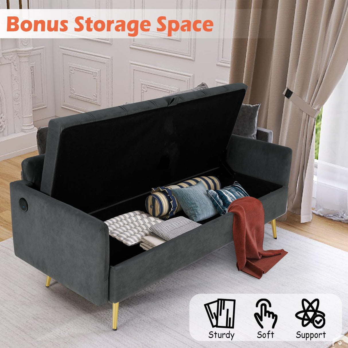LINLUX 60" W Velvet Loveseat Sofa Couch with Storage, Small Love Seat Couches for Bedroom, Living Room, Office, Dorm, Comfy Cushion, 2 USB Charging Ports, Dark Grey LINLUX