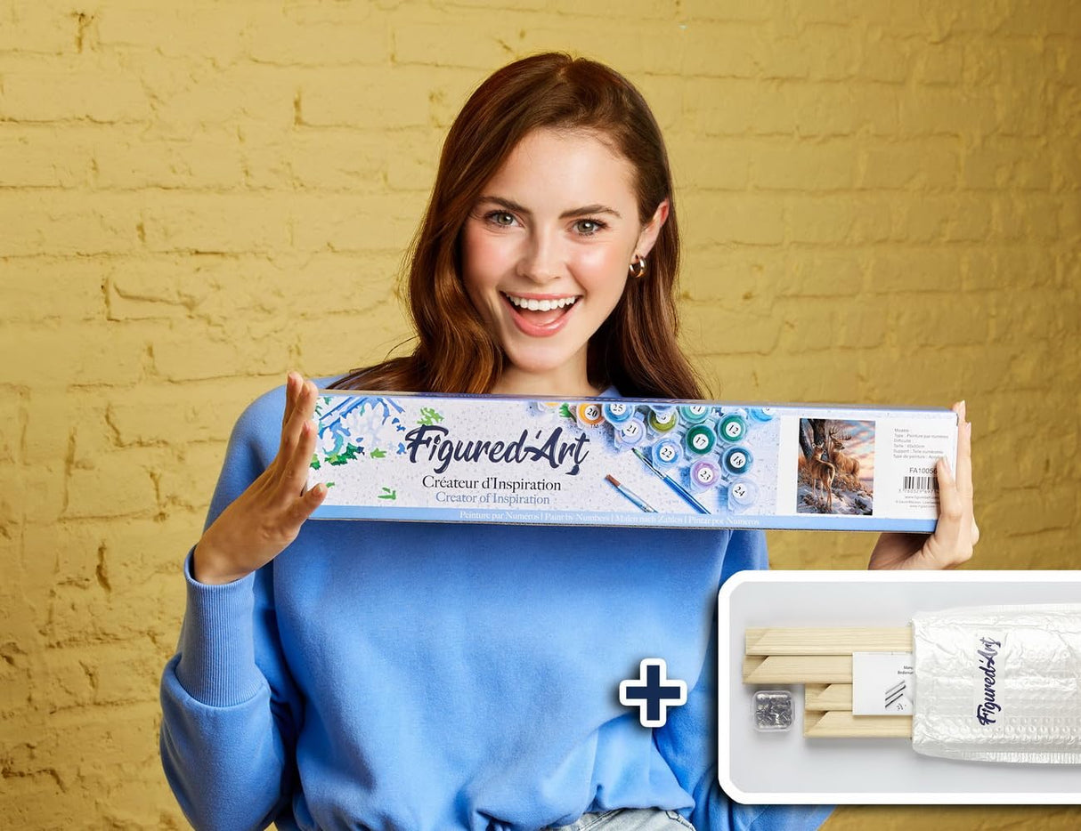 Figured'Art Paint by Numbers Kit for Adults Deers During Winter 16"x20" - Craft Art Painting Rolled Canvas with DIY Wooden Frame Figured'Art