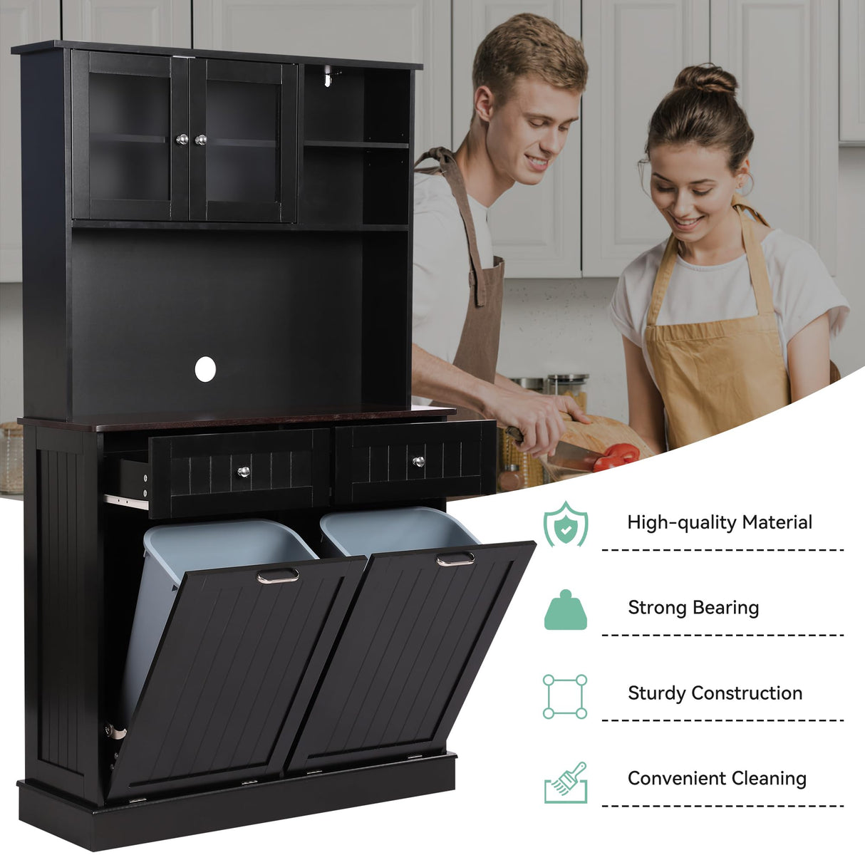LOUVIXA Kitchen Pantry Storage Cabinet, Microwave Cabinet with Tilt Out Trash Cabinet,Tall Pantry Cabinet Cupboard, Freestanding Kitchen Hutch (Classic Black) LOUVIXA