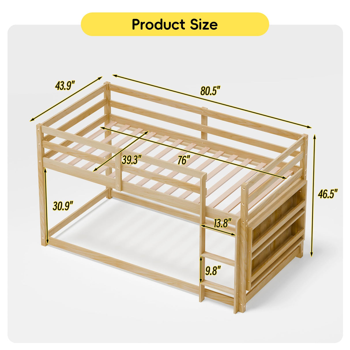 Xilingol Low Bunk Bed for Kids, Floor Bunk Bed Twin Over Twin with Bookshelves & Full Guardrails, Wooden Twin Bunk Bed Frame for Bedroom, Dorm, Boys, Girls, Children, Toddler (Natural) Xilingol
