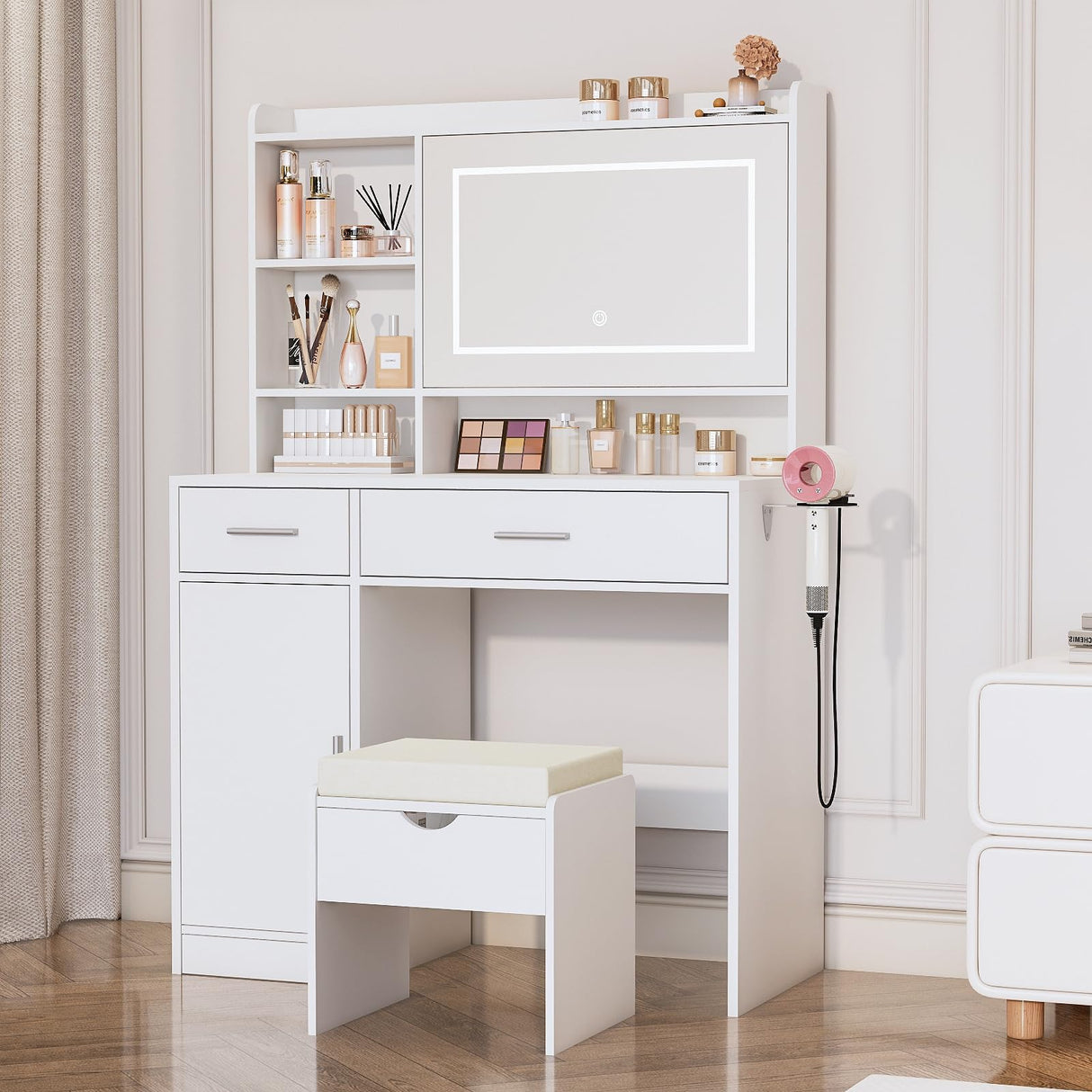 Viaozutis Vanity Desk with Mirror and Lights, with Hidden Shelves,4 Compartments,2 Drawers,Cabinet & Stool,Dimmable LED Lights,Power Outlets, Ideal for Bedroom Vanity Organization(White) Viaozutis