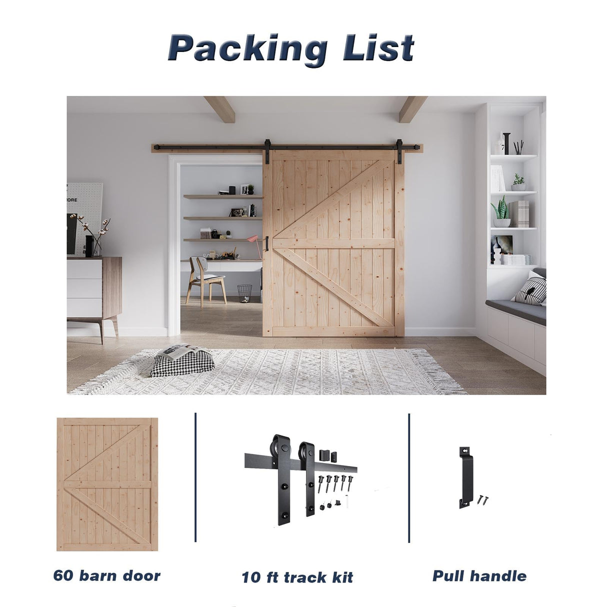 FREDBECK 60in x 84in Wood Barn Door with 10FT Barn Door Hardware Kit Included K Shape Solid Spruce Wood Panel Need to Assembly FREDBECK