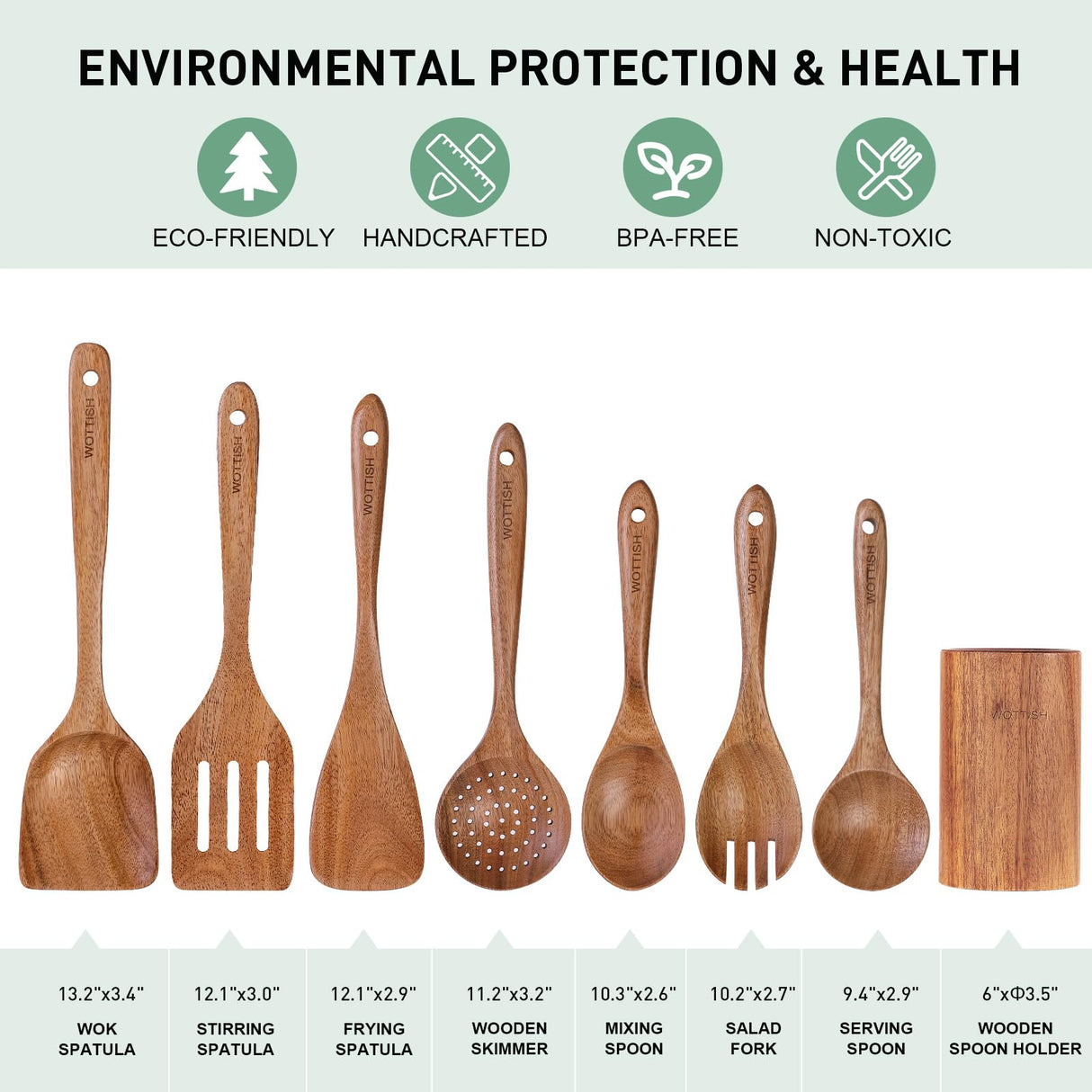 Wooden Spoons for Cooking - 8-Piece Wooden Kitchen Utensil Set made of Natural Solid Wood Material - Includes Spoons, Spatulas, Ladles, Strainer Spoon, Salad Fork, Mixing Spoon and Utensil Holder WOTTISH