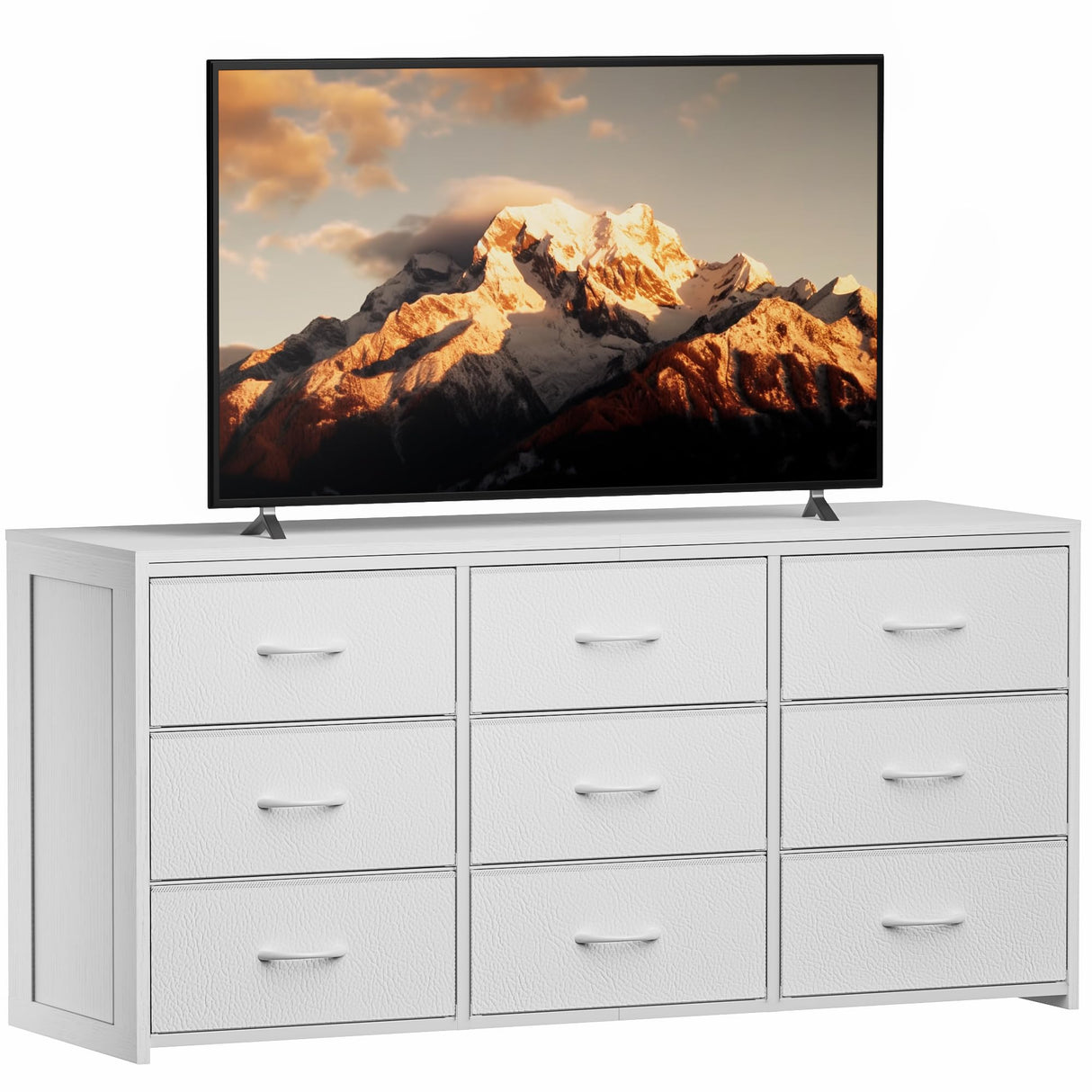 OURPIC Dresser for Bedroom with 9 Drawers, 55 Inch White Dresser TV Stand for 55, 60, 65 Inch TV, Wood Top and Side, Fabric Drawers, Storage, Dressers for Closet, Living Room, Hallway, Entryway OURPIC