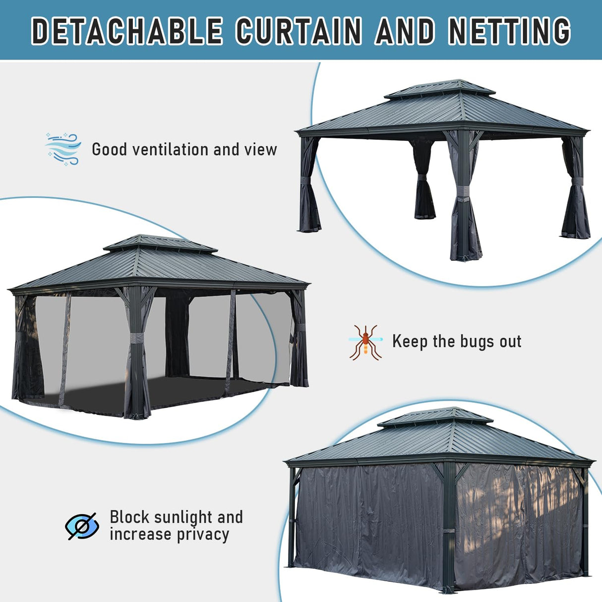 Domi Hardtop Gazebo 12x14FT, Outdoor Gazebo with Galvanized Steel Double Roof, Aluminum Frame, Built-in Gutter System, Curtain and Netting, Metal Gazebo Pavilion for Patio Deck Garden, Grey domi outdoor living