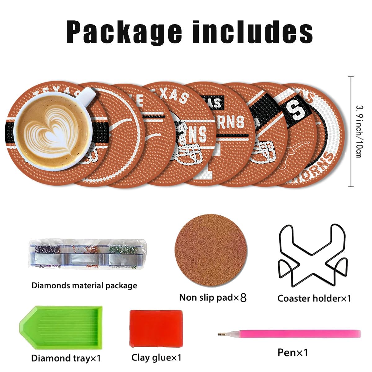 8 Pcs Diamond Painting Coasters, DIY Football Diamond Art Coasters Diamond Painting Kits for Beginners, Diamond Art Gift Craft Supplies (Texas Orange) WoodArtSupply