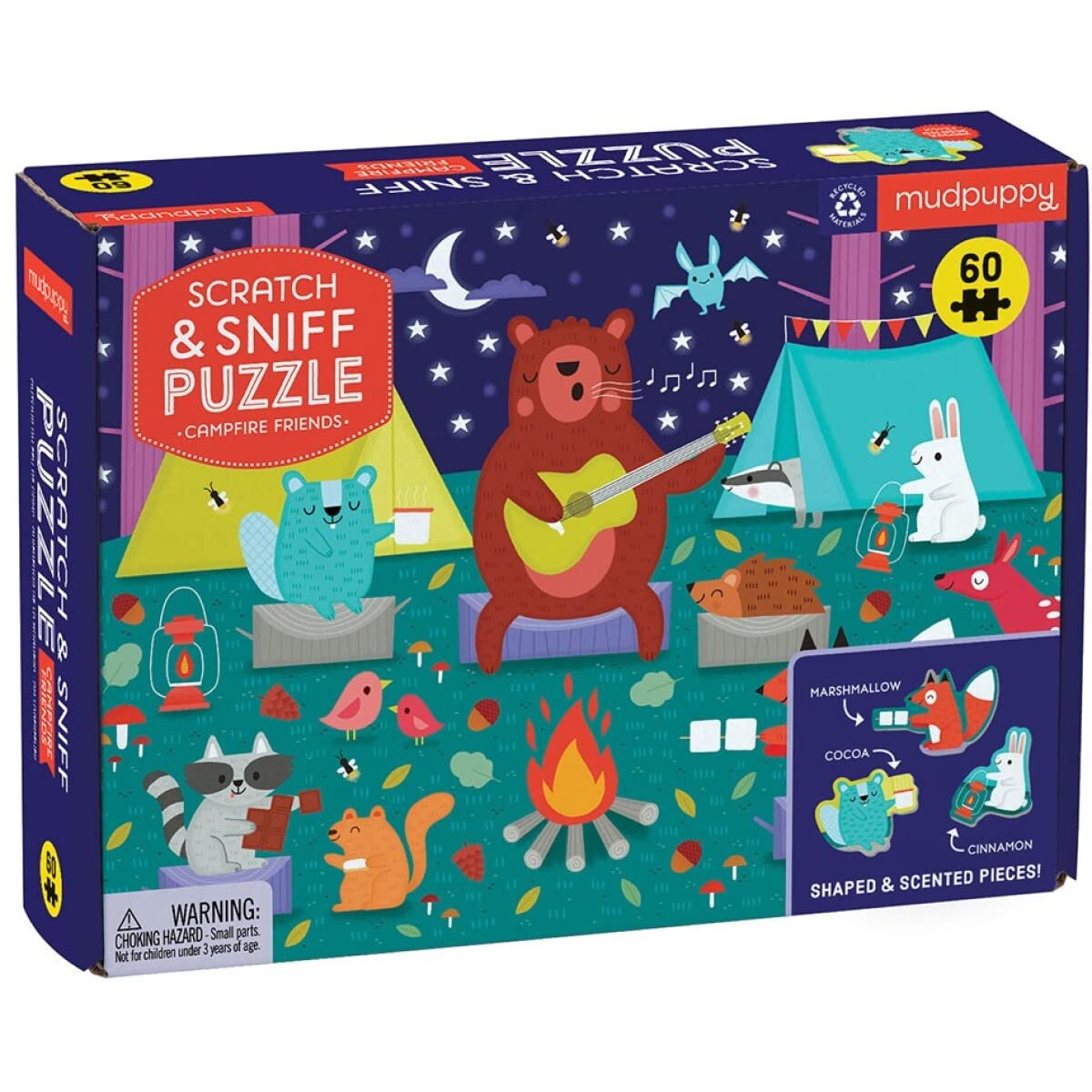 Campfire Friends Scratch and Sniff Puzzle from Mudpuppy - 60 Piece Jigsaw Puzzle with 6 Shaped Pieces, Features Colorful Illustrations, 3 Campfire Scents, Ages 4+ Mudpuppy