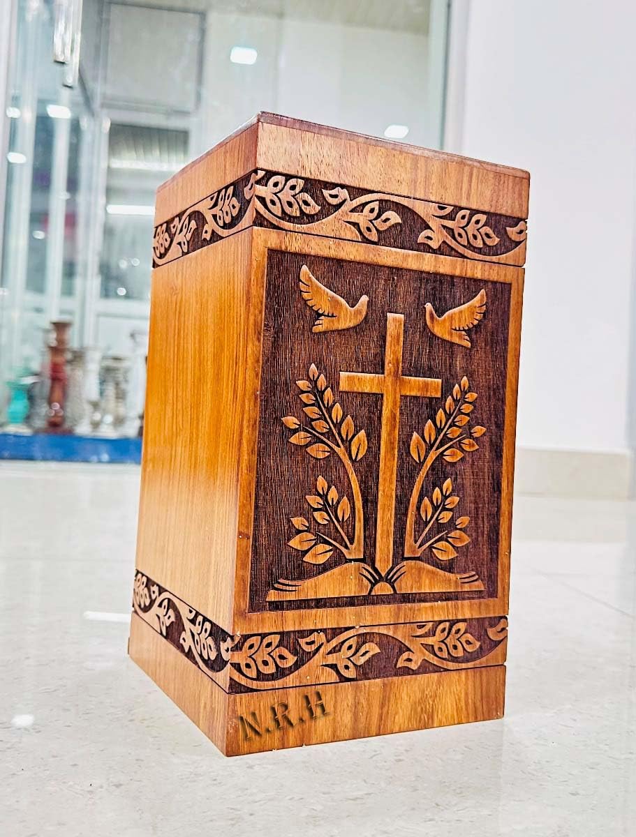 Carved Cross of Jesus Under The Book Handcrafted Rosewood Borders Engraving Wooden Cremation Box/Urns for Human Ashes Adult, Funeral Urn Box Nautical Replica Hub