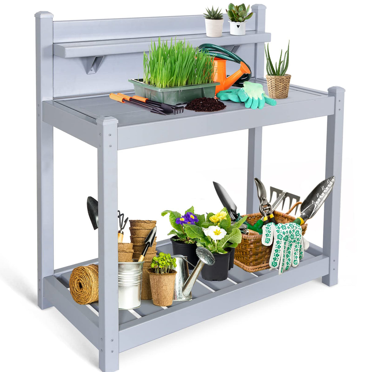 EAGLE PEAK Outdoor Indoor Maintenance Free Vinyl Garden Potting Bench, Waterproof Potting Table with Open Shelf, Lower Storage, 40inx21.6inx43.9in, Gray EAGLE PEAK