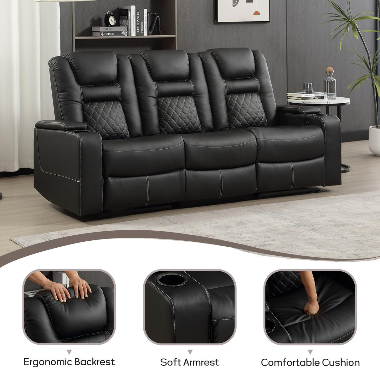 EBELLO Home Theater Seats, Faux Leather Movie 3 Seat Recliner Sofa with Hidden Arm Storage, Power Gaming Reclining Sofa with USB Charge and Cup Holders EBELLO