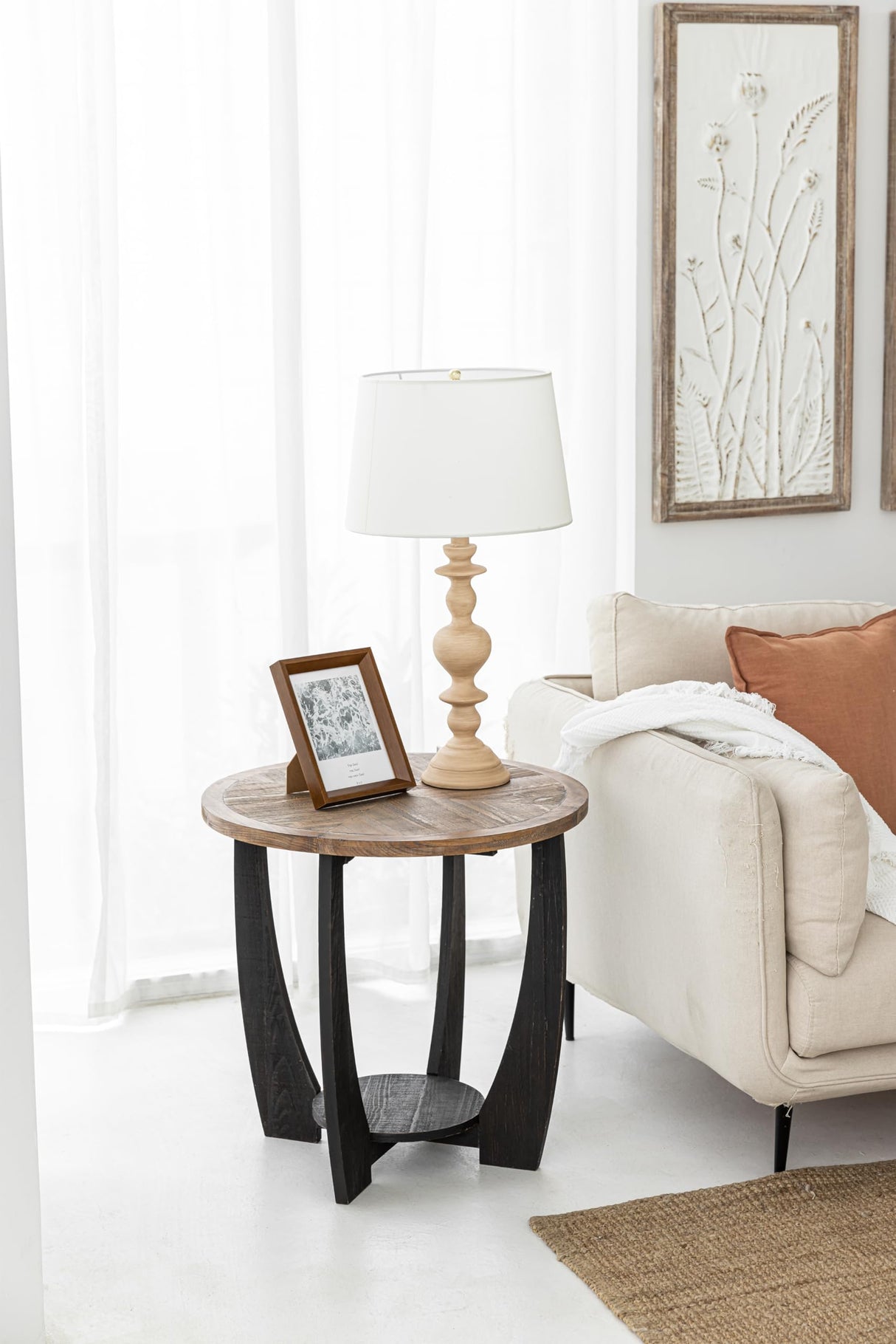 COZAYH Rustic Farmhouse End Table with Storage Shelf, French Country Accent Side Table for Family, Dinning or Living Room, Small Spaces, Modern, Round COZAYH