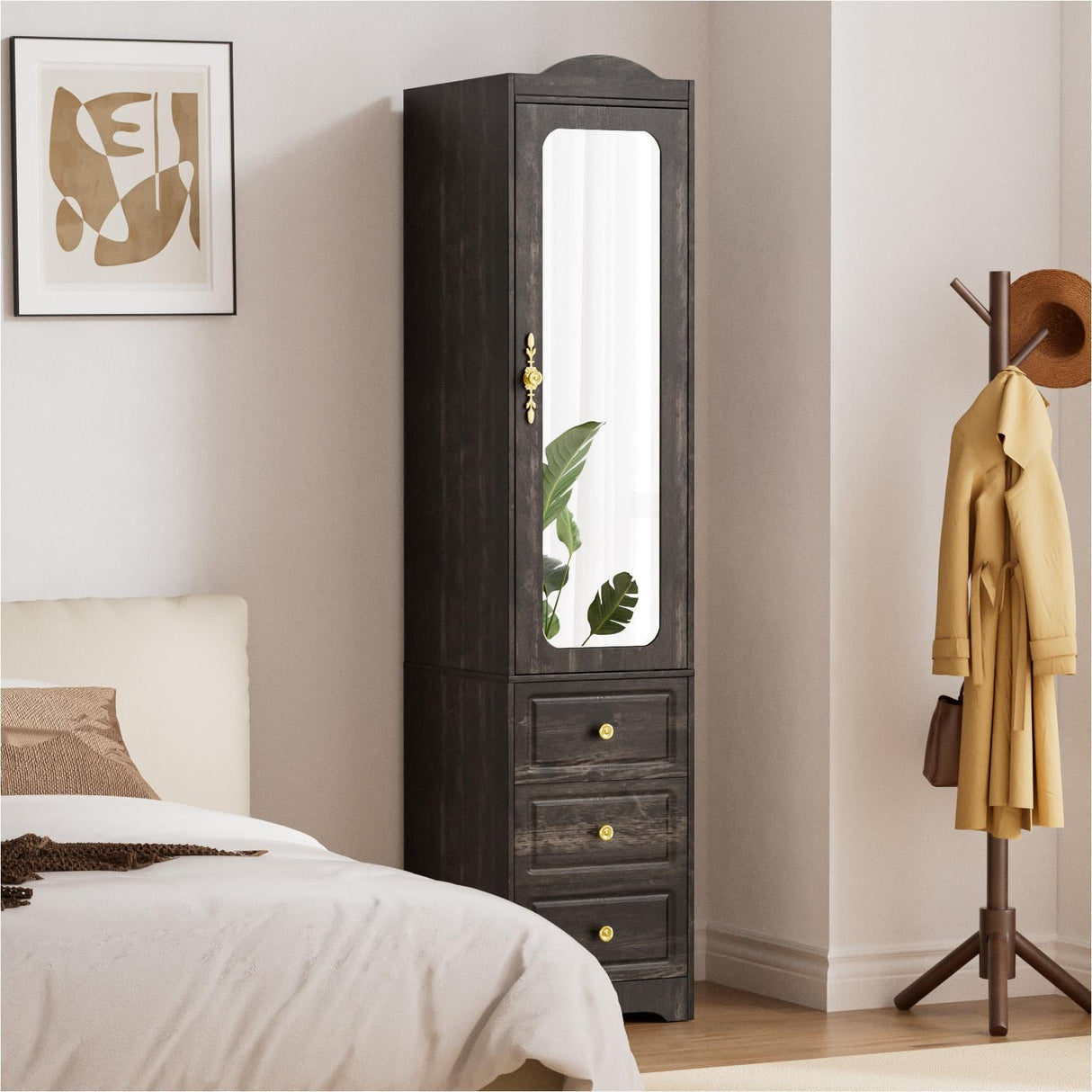 JanfltHome Armoire Wardrobe Closet, 69.5" H Wood Bedroom Armoires Cabinet with Mirror Door and 3 Drawers, Rustic Brown Clothing Storage Cabinet with Hanging Rod & Sensor Light for Bedroom-Right JanflyHome