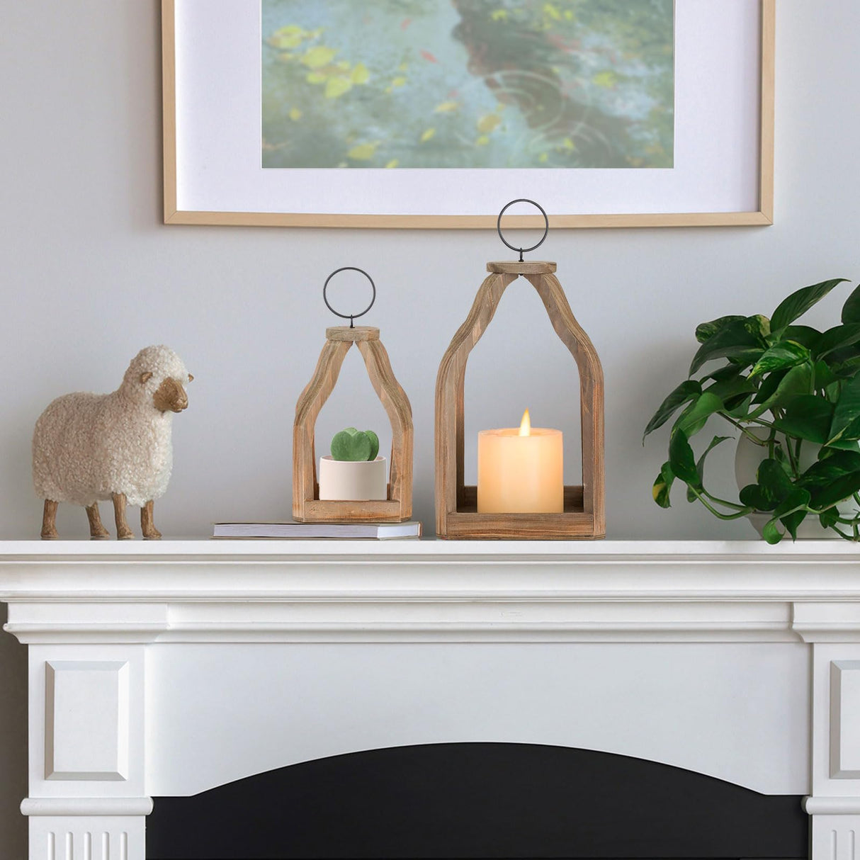 Staymoment Wood Decorative Candle Lanterns Set of 2, Indoor Farmhouse Hanging Candle Holder for Table Centerpiece Fireplace Mantle Shelf, 11" & 8" Bulk Rustic Home Decor Fall Ornaments, Brown Staymoment