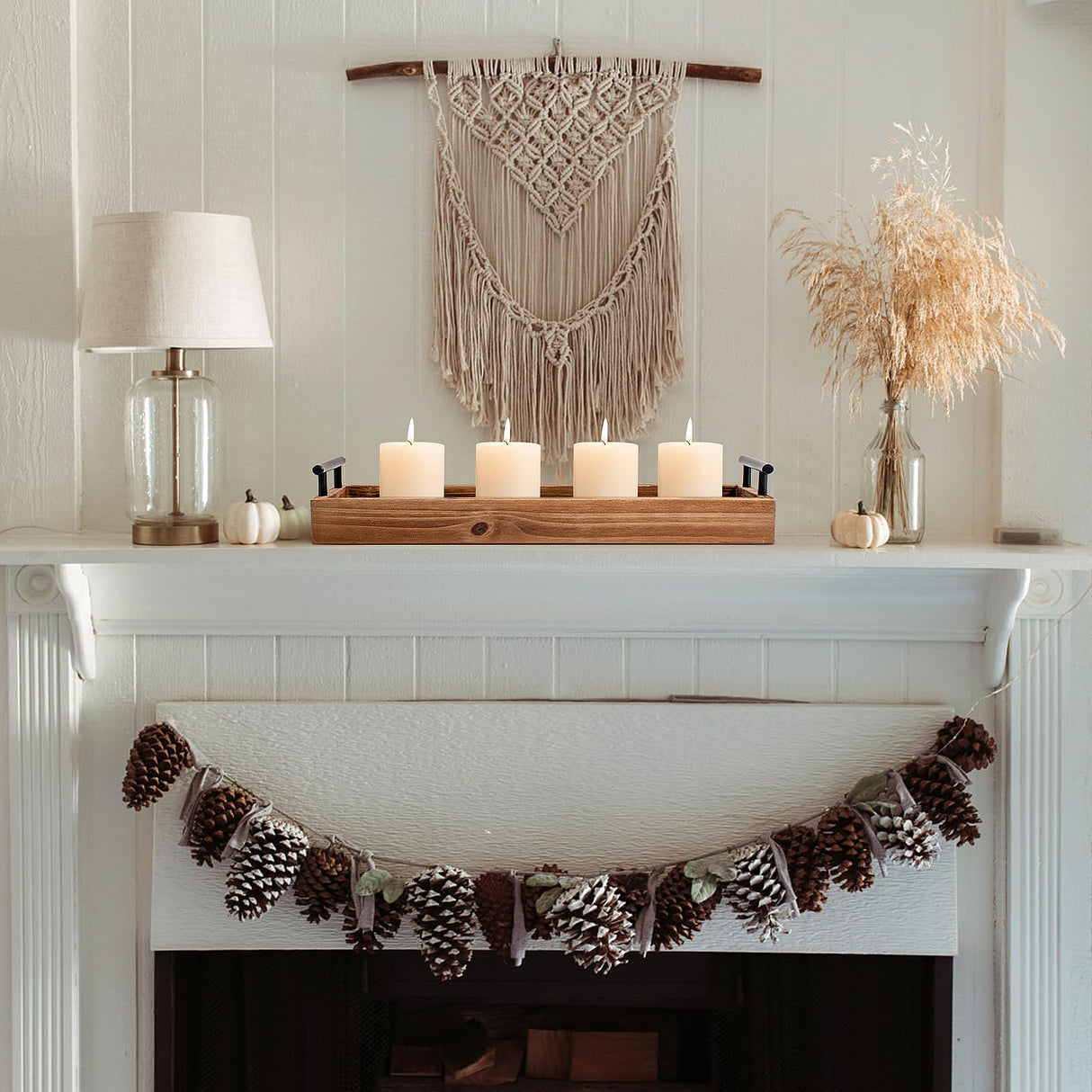 Rustic Wood Serving Tray with Metal Handles, Brown Wooden Tray, Centerpiece Tray for Dining Table, Farmhouse Plant Tray, Candle Holder, Long Narrow Ottoman Trays for Wine Coffee Table Kitchen Decor OKSQW