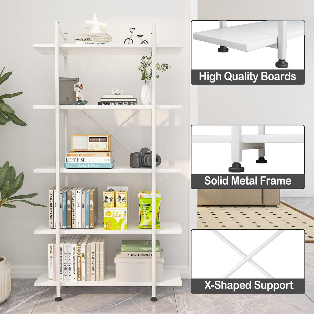 Azheruol 5-Tier Modern White Wooden Bookshelf - Versatile Open Storage Bookcase for Home Office and Study Azheruol