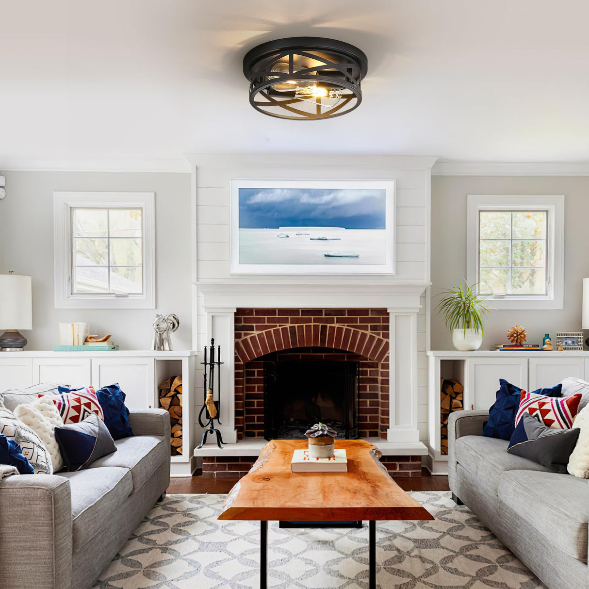 Youroke Farmhouse Flush Mount Ceiling Light Fixtures, Industrial Close to Ceiling Light 2-Lights, 11 Inch Metal Black Cage Rustic Style Ceiling Light Fixtures for Hallway Kitchen Bedroom Entryway Youroke