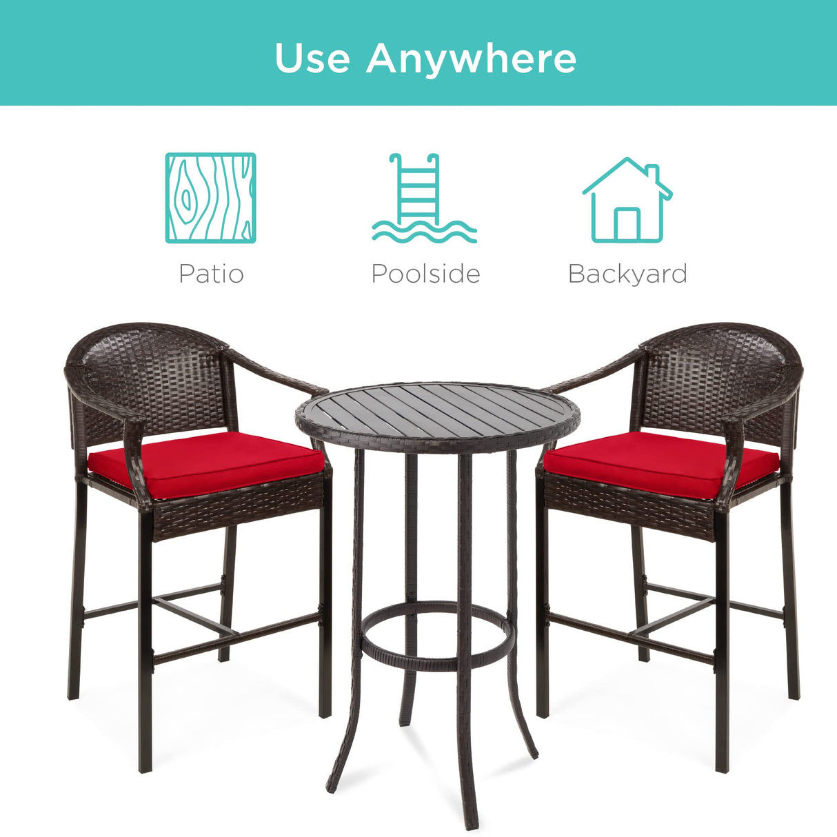 Best Choice Products 3-Piece Patio Bar Table Set, Outdoor Wicker Bar Height Bistro Furniture for Backyard, Poolside, Balcony w/Barstools, Cushions, Steel Frame – Brown/Red Best Choice Products
