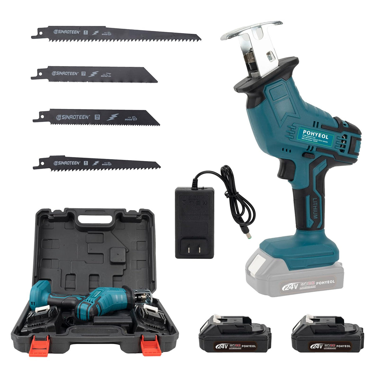 POHYEOL 24V MAX Cordless One-Handed Reciprocating Saw for Wood & Metal Cutting, Variable Speed,4 Saw Tool-Free Blade Change POHYEOL