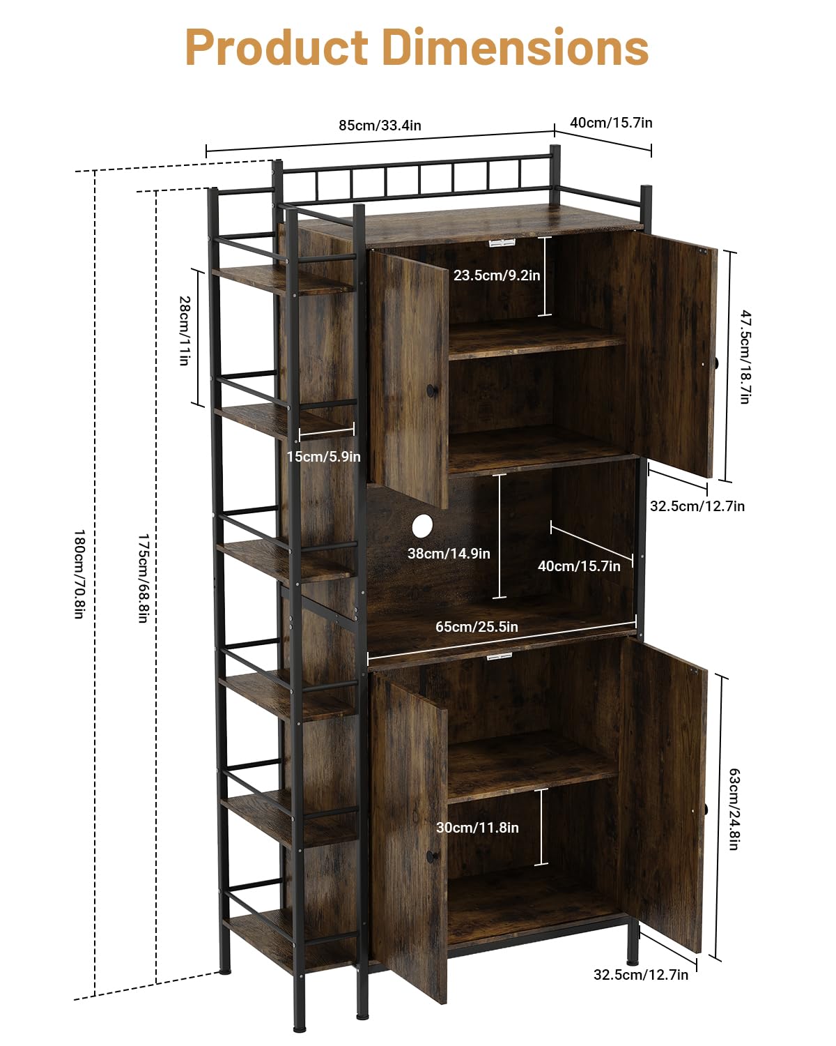 Seeday Industrial Style Kitchen Pantry Storage Cabinet, Brown Tall Kitchen Hutch with Microwave Stand, Food Pantry Cabinet with Side 6 Shelves and 2 Doors for Dining Room, Living Room Seeday