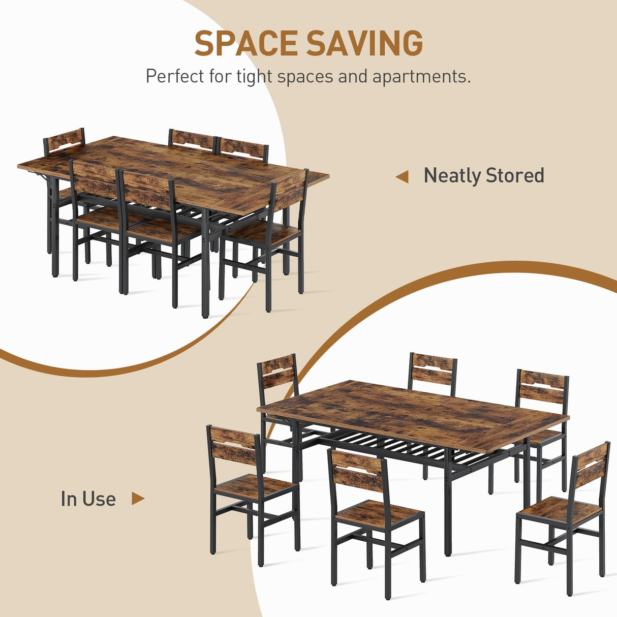RALGEND 7-Piece Dining Table Set for 4-6, 63" Extendable Kitchen Table and 6 Chairs, Rectangle Dining Room Table Set for 6 with Wine Rack for Small Saving Space, Rustic Brown and Black RALGEND
