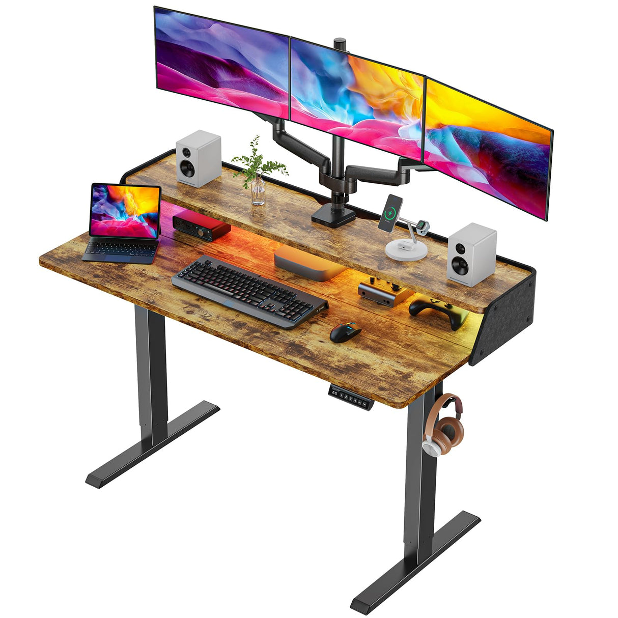 ErGear Standing Desk with LED Strip, 55″ x 28″ Electric Height Adjustable RGB Gaming Desk with Shelf, Sit Stand Desk with Dual Cable Holes, C-Clamp Mount Compatible, 4 Preset Heights, Vintage Brown ErGear