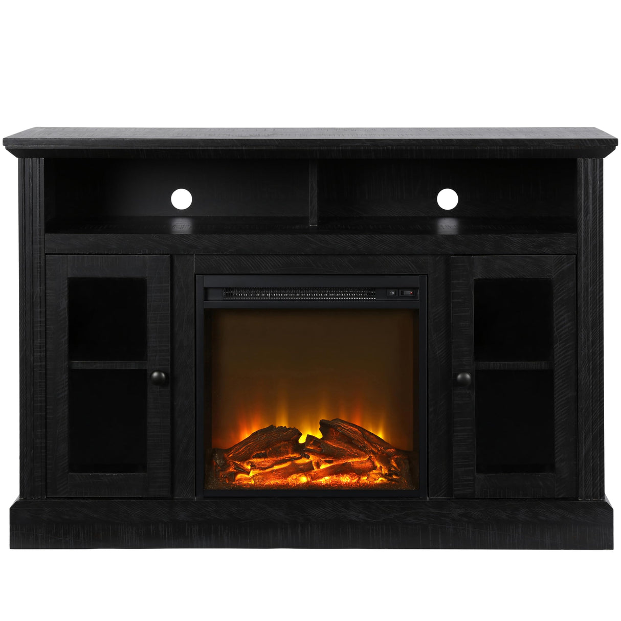 Ameriwood Home Chicago Fireplace TV Stand for TVs up to 50 Inch, Replaceable Electric Fireplace Insert Heater, Realistic Log and Flame Effect, For Living Room or Bedroom, Black Oak Ameriwood Home
