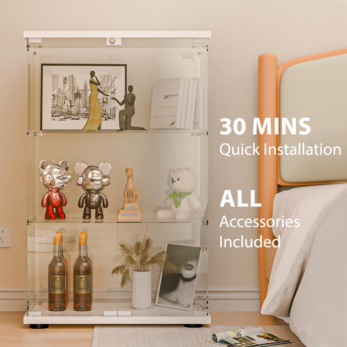 FANYUSHOW Glass Display Cabinet with Double Door and Lock, Quick-Install Style 3-Shelf Curio Cabinet 5mm Tempered Glass Floor Standing Bookshelf for Living Room, Bedroom, 49" H x 32''L x 14''W (White) FANYUSHOW