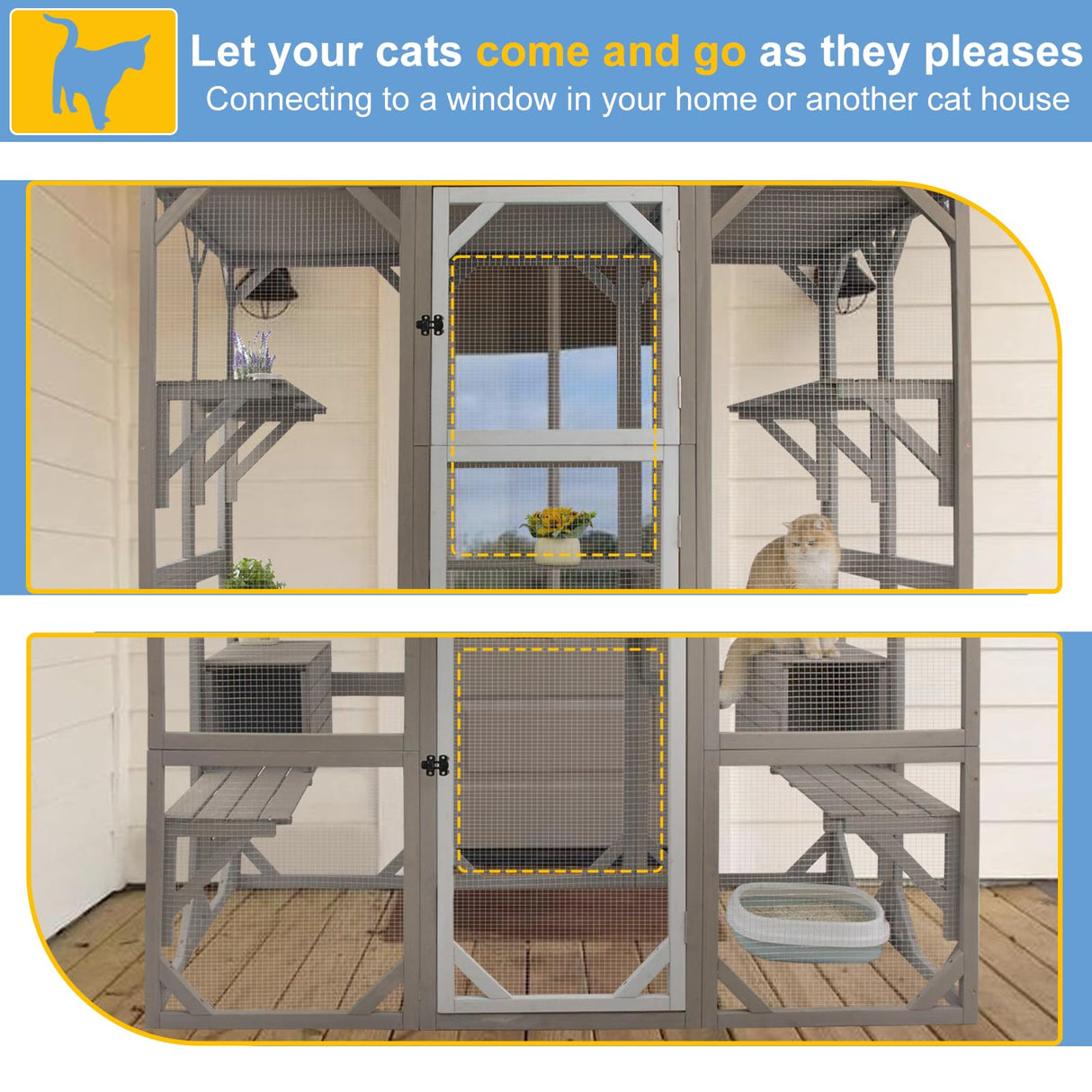Ketive Outdoor Catio Cat Enclosure, Large Cat House with Multi-Level Platforms, Waterproof Roof, and Pull-Out Tray (71.45" L x 36.61" W x 70.86" H) ketive