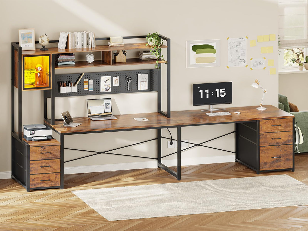 SEDETA L Shaped Gaming Desk with 6 Drawers, Reversible Computer Office Desk with File Drawer, Hutch, Storage Shelves, Gaming Corner Desk with Led Lights, Power Outlet for Two Person, Rustic Brown SEDETA