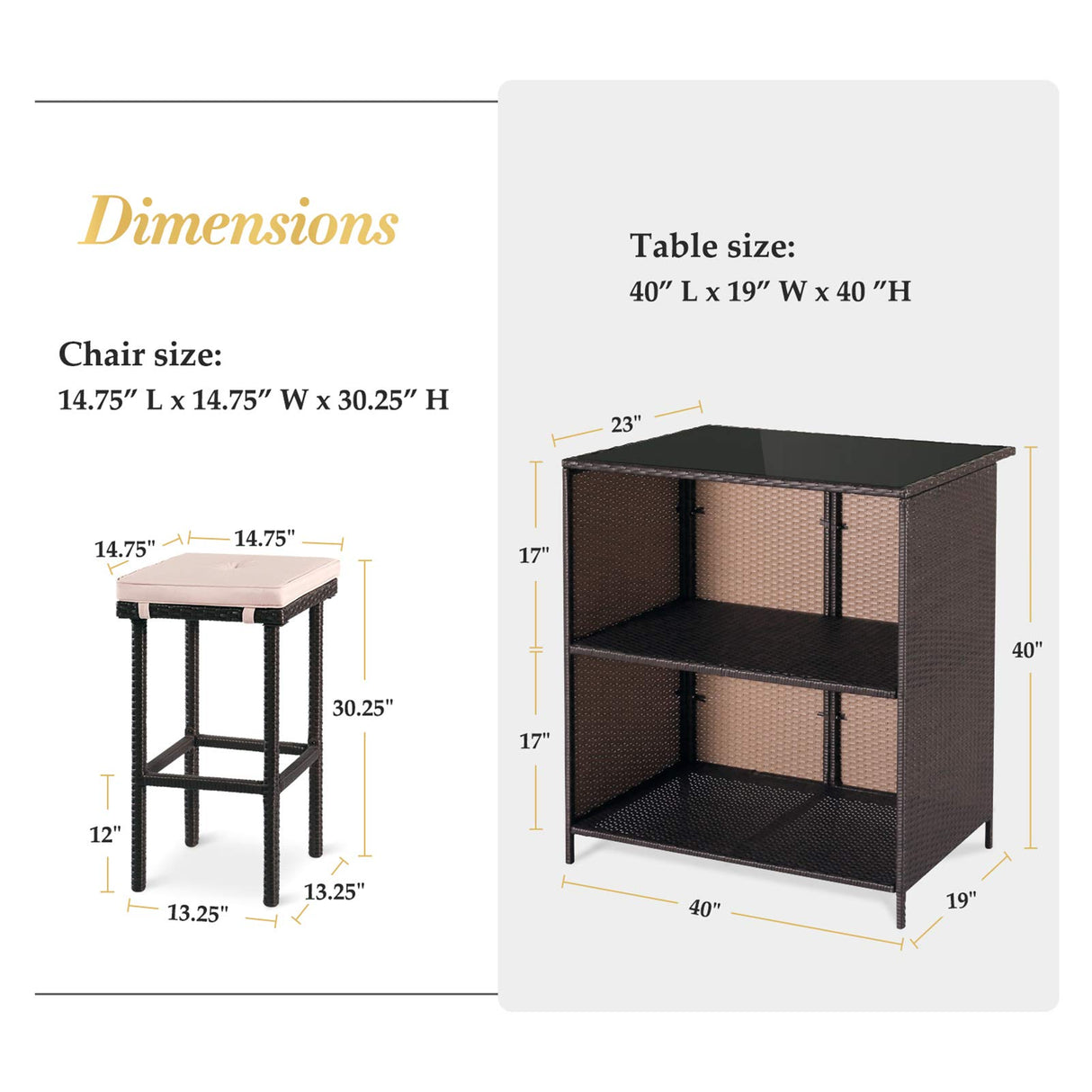 SUNCROWN Outdoor Bar Set 3-Piece Brown Wicker Patio Furniture - Glass Bar and Two Stools with Cushions for Patios, Backyards, Porches, Gardens or Poolside,Beige SUNCROWN