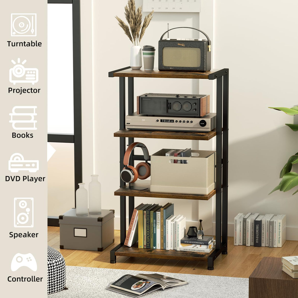ERYTLLY 4-Tier AV Media Stand - Corner Game Console Shelf and Small Entertainment Stand - Audio Rack for TV, Small Media Console Organizer ERYTLLY