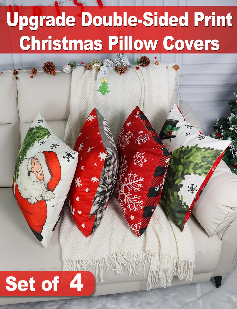 Multiwins Double-Sided Print Christmas Pillow Covers Set of 4, 18" x 18", 8 Cute Christmas Decor Patterns, Perfect for Home Decor multiwins