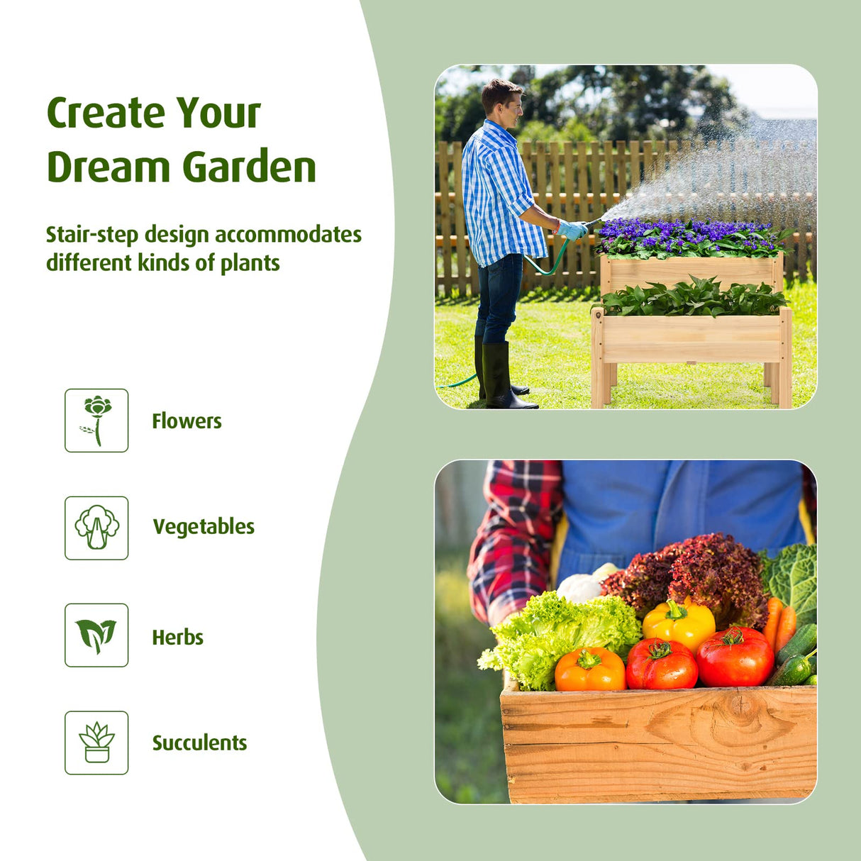 RELAX4LIFE 2-Tier Raised Garden Bed - Fir Wood Garden Elevated Planter Box with Legs, 8 Drainage Holes,220 Capacity for Growing Vegetable, Elevated Garden Bed for Outdoor Yard Patio Balcony (Natural) RELAX4LIFE