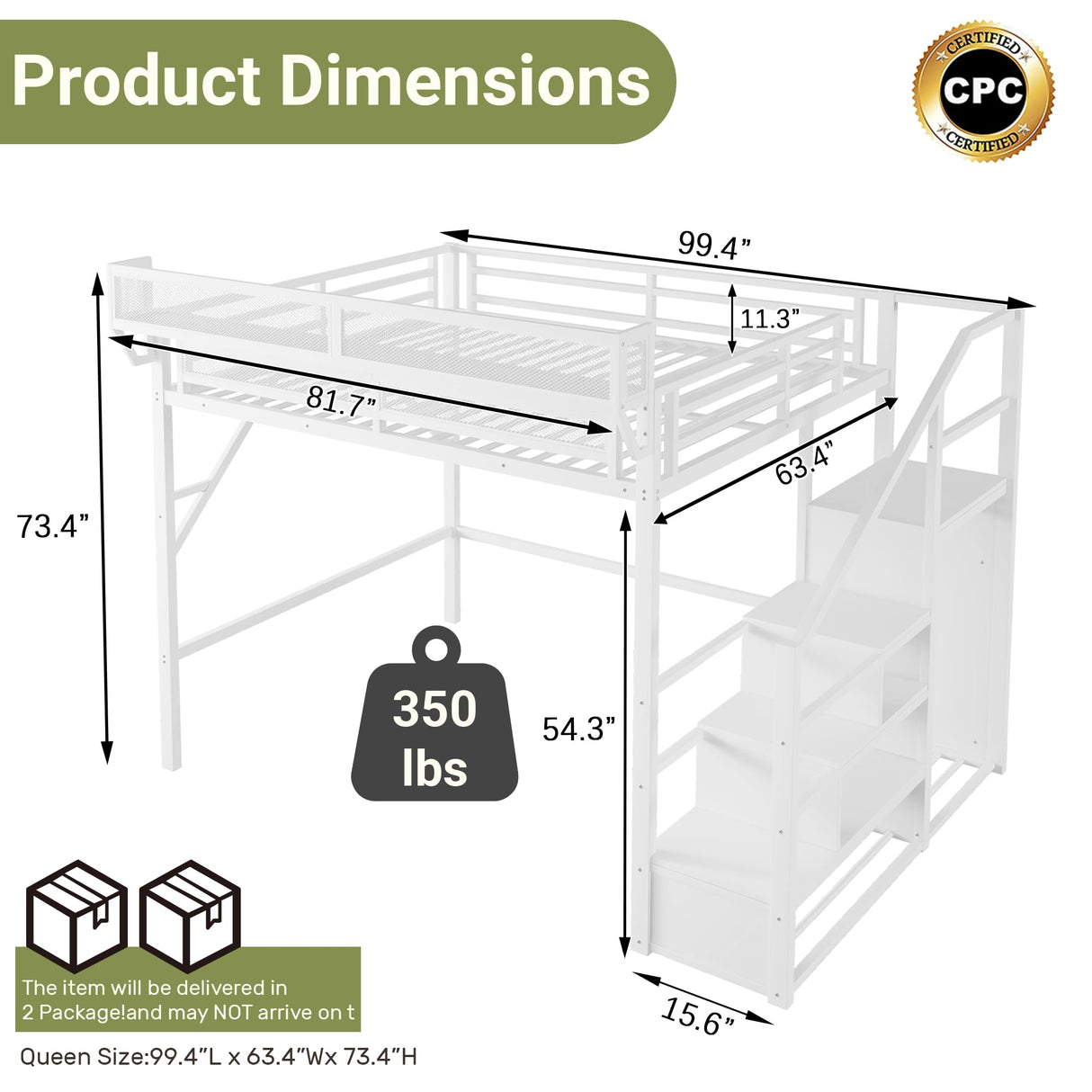 Mirightone Queen Size Loft Bed with Stairs and Storage, Metal Loft Bed Frame with Bedside Shelf and Large Under-Bed Space, Heavy-Duty Loft Beds for Adults Teens and Kids, White Mirightone