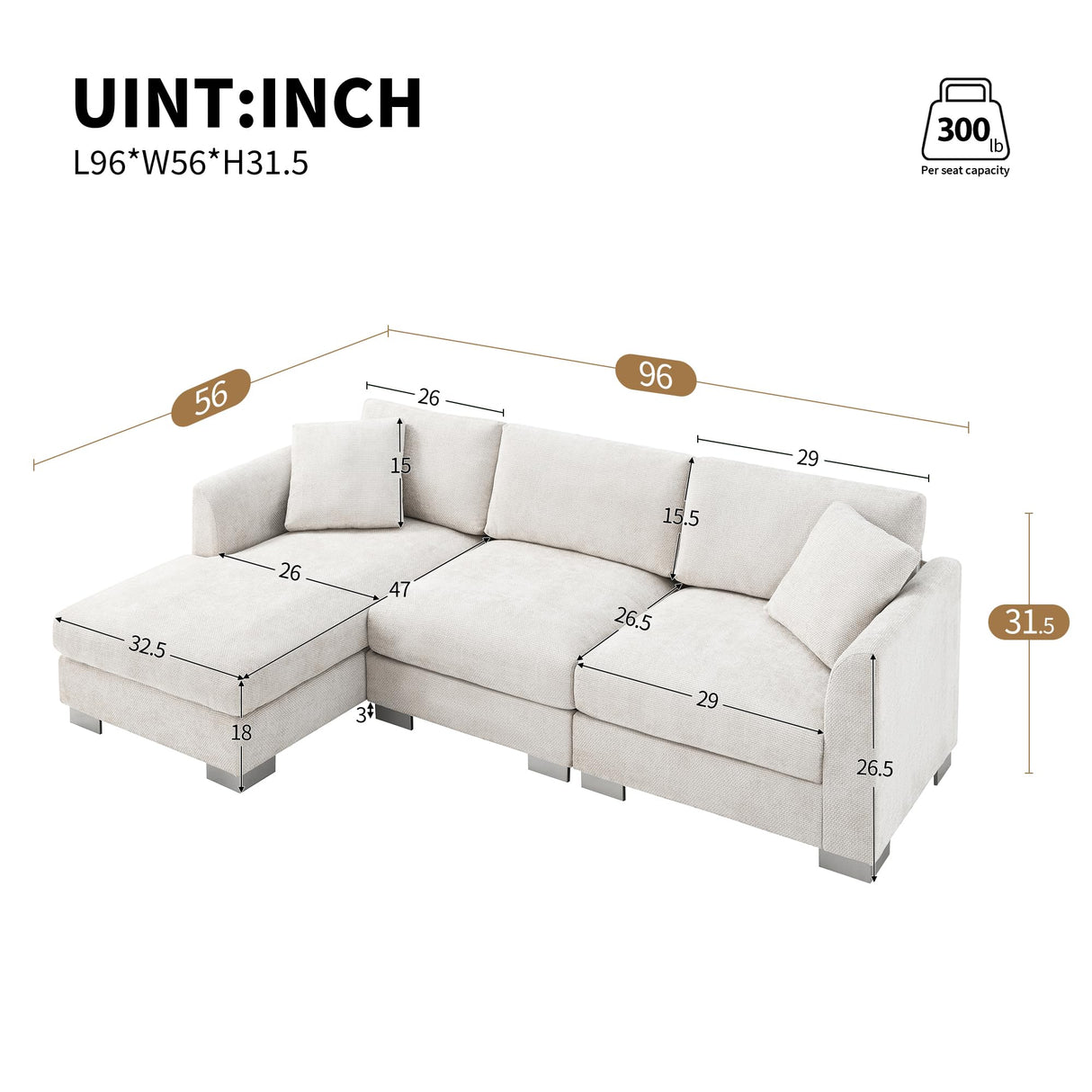 Merax Modern Chenille Sectional Sofa with Oversized Chaise, L-Shaped Couch with 2 Free Pillows, 4-Seat Sleeper Lounge for Living Room, Apartment,Office Lighr Gray Merax