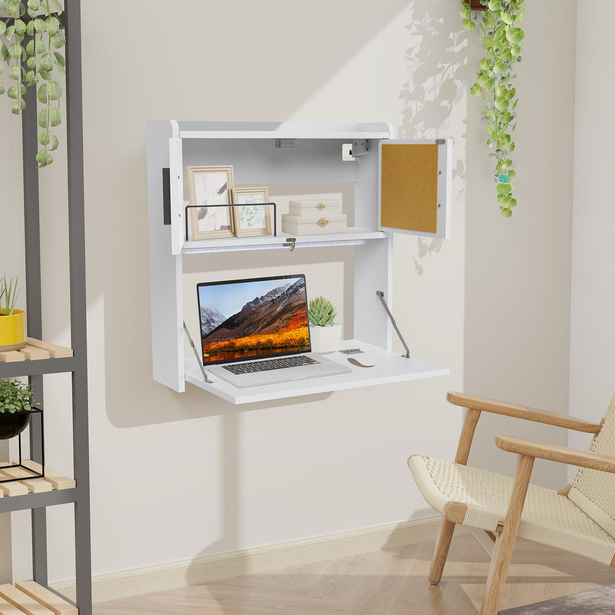 ARTETHYS Wall Mounted Desk with LED Light Multifunctional Fold Down Laptop Computer Table Writing Workstation with Storage Compartments Space Saving for Home Office ARTETHYS